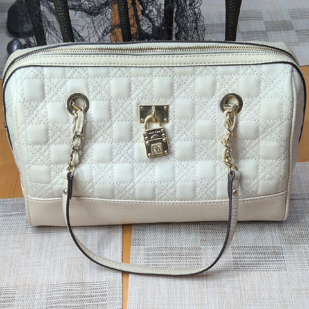 Anne Klein Cream Quilted Shoulder Bag with Gold Accents